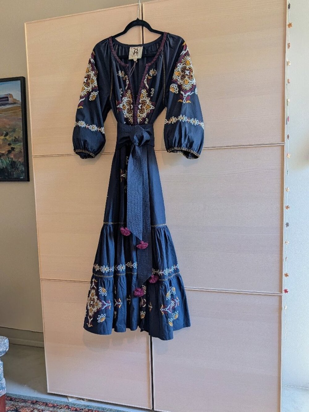 Figue Johanna Dress Navy Embroidered Cotton Maxi NWT Size M Belt Included